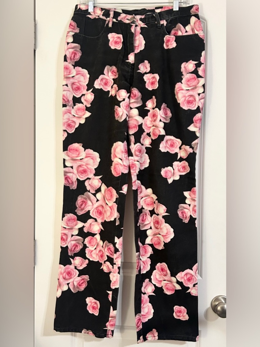 Vintage Domallo Black Pink Floral Denim Wide Leg Jeans High Rise Size 8